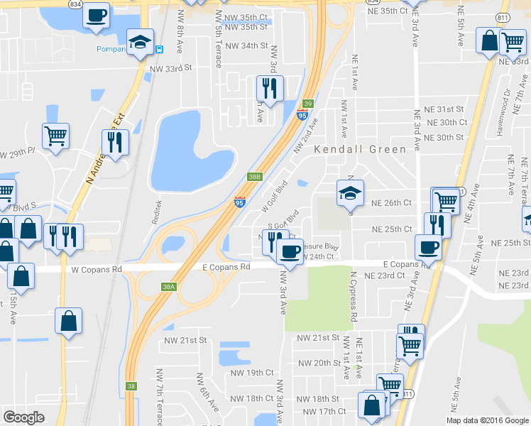 map of restaurants, bars, coffee shops, grocery stores, and more near 2648 West Golf Boulevard in Pompano Beach