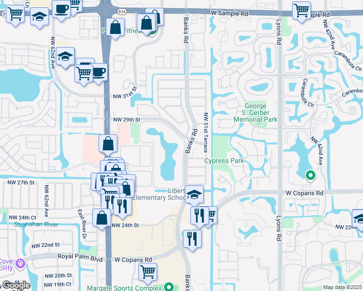 map of restaurants, bars, coffee shops, grocery stores, and more near 2849 Northwest 52nd Terrace in Margate
