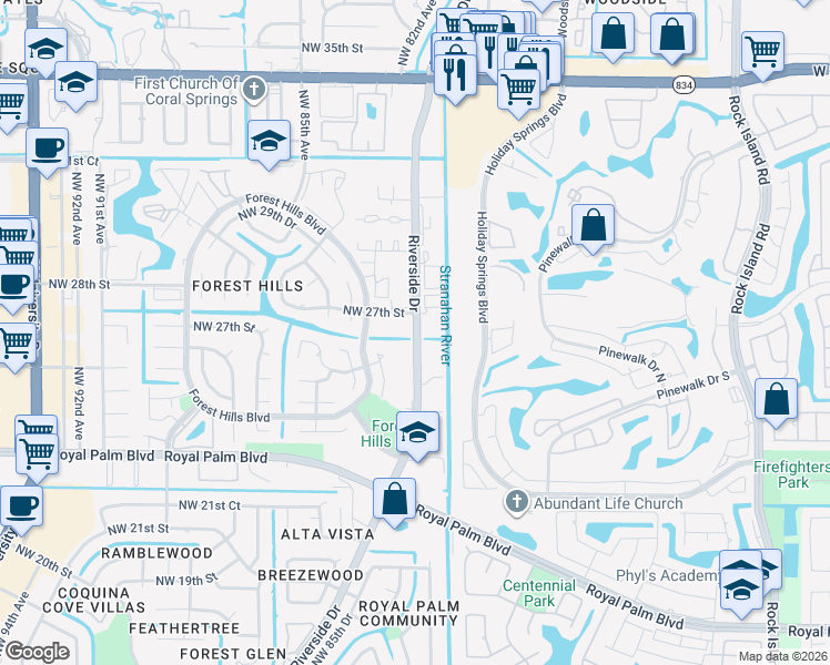 map of restaurants, bars, coffee shops, grocery stores, and more near in Coral Springs