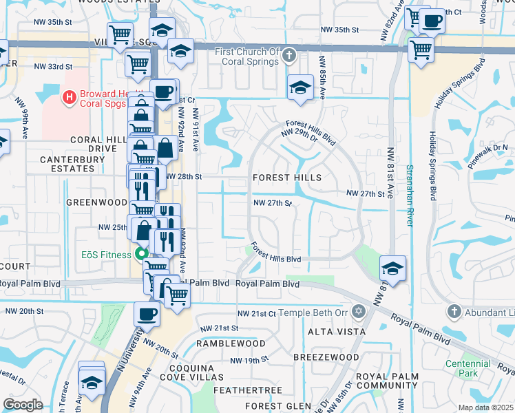 map of restaurants, bars, coffee shops, grocery stores, and more near 8866 Northwest 27th Street in Coral Springs