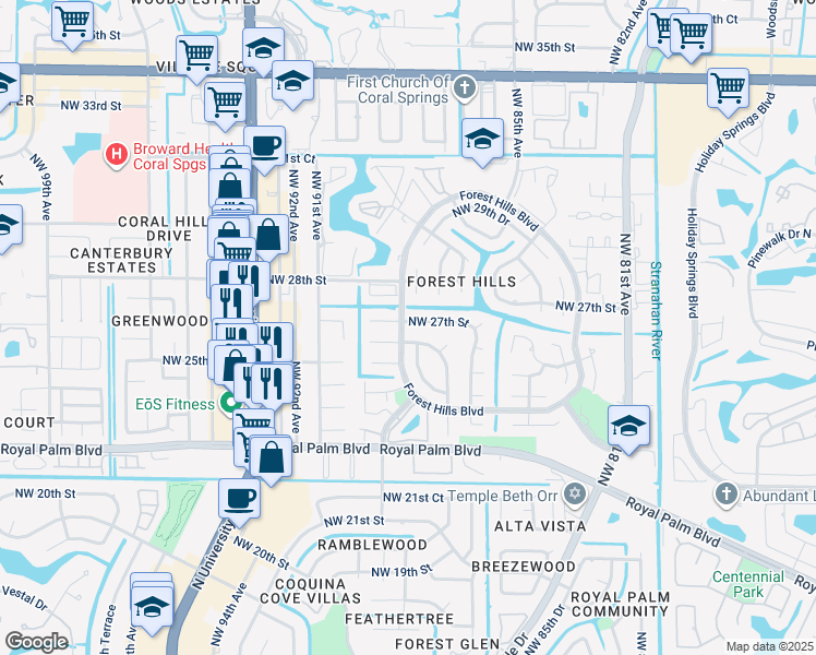 map of restaurants, bars, coffee shops, grocery stores, and more near 8866 Northwest 27th Street in Coral Springs