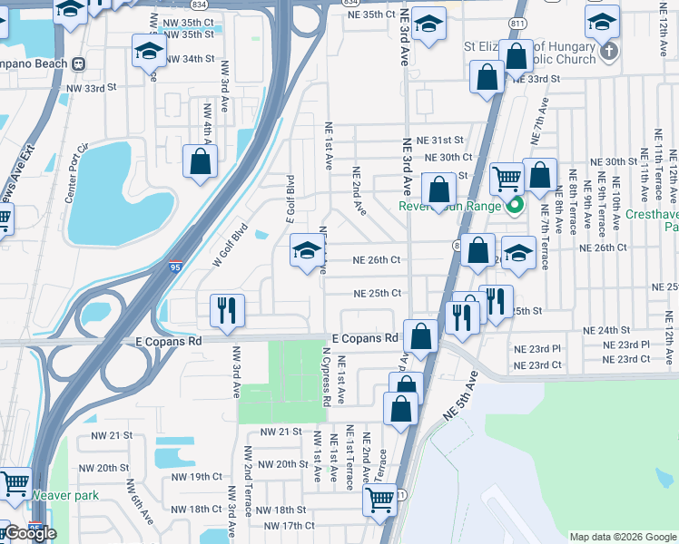 map of restaurants, bars, coffee shops, grocery stores, and more near 131 Northeast 26th Street in Pompano Beach
