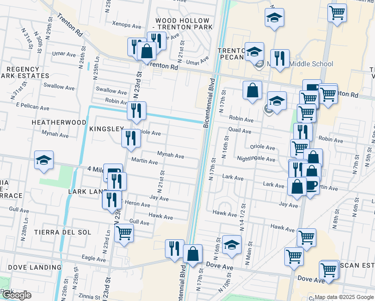 map of restaurants, bars, coffee shops, grocery stores, and more near 1917 Nightingale Avenue in McAllen