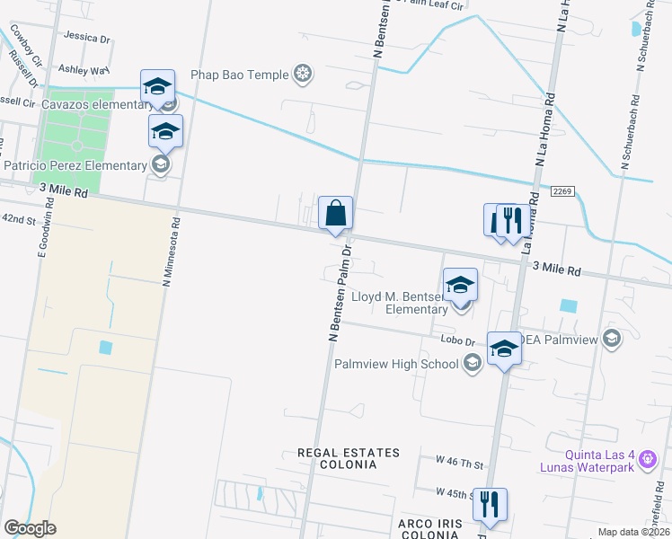 map of restaurants, bars, coffee shops, grocery stores, and more near 4207 North Bentsen Palm Drive in Mission