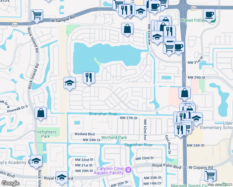 map of restaurants, bars, coffee shops, grocery stores, and more near 6515 Colonial Drive in Margate