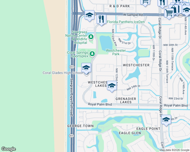 map of restaurants, bars, coffee shops, grocery stores, and more near 2584 Northwest 124th Avenue in Coral Springs