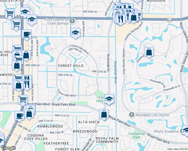 map of restaurants, bars, coffee shops, grocery stores, and more near 2630 Northwest 83rd Terrace in Coral Springs