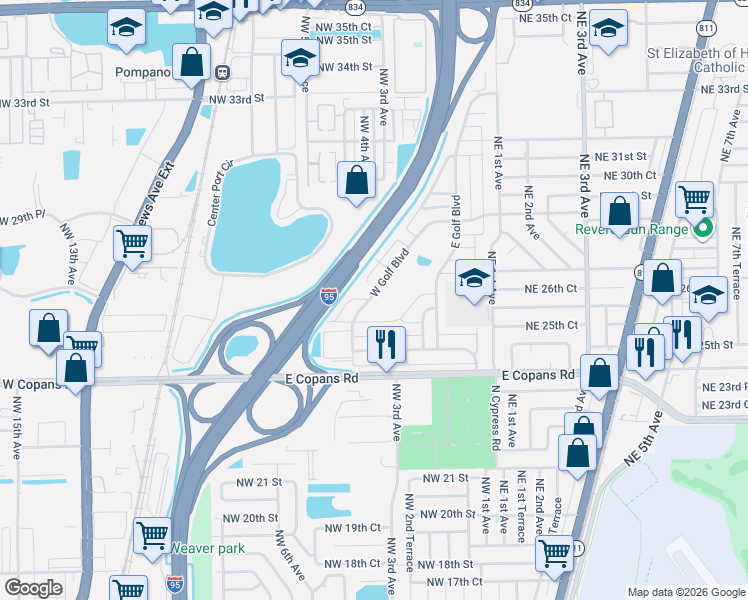 map of restaurants, bars, coffee shops, grocery stores, and more near 2648 West Golf Boulevard in Pompano Beach