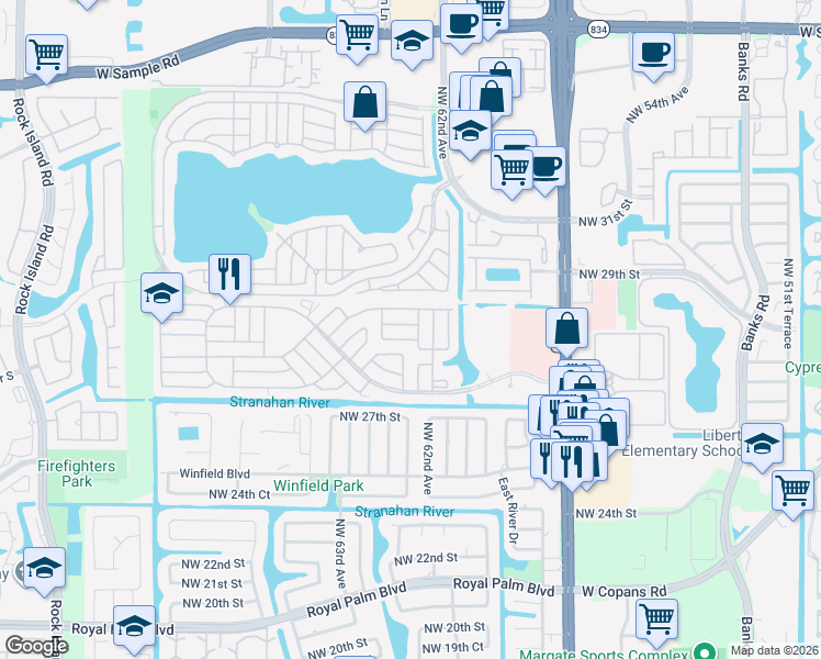 map of restaurants, bars, coffee shops, grocery stores, and more near 2904 Northwest 62nd Terrace in Margate