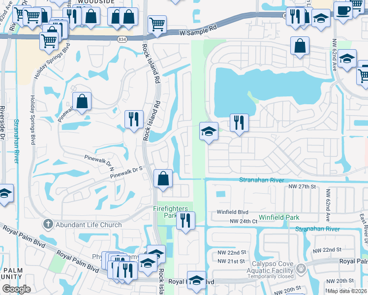 map of restaurants, bars, coffee shops, grocery stores, and more near 2913 Northwest 68th Lane in Margate