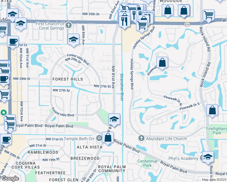 map of restaurants, bars, coffee shops, grocery stores, and more near in Coral Springs