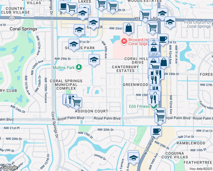 map of restaurants, bars, coffee shops, grocery stores, and more near 2605 Northwest 98th Lane in Coral Springs