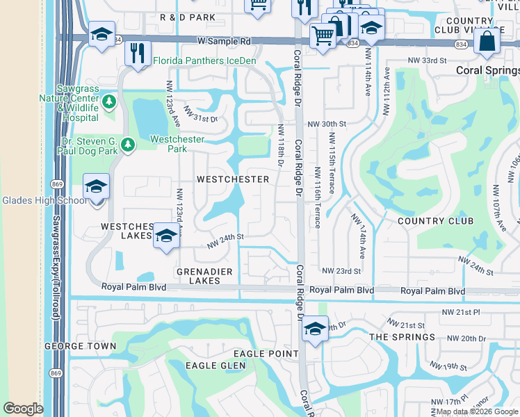 map of restaurants, bars, coffee shops, grocery stores, and more near 2633 Northwest 119th Terrace in Coral Springs