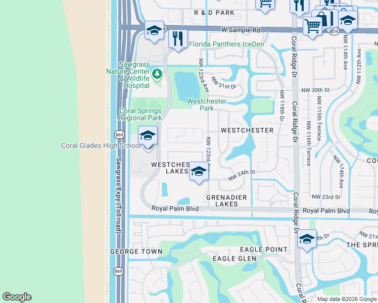 map of restaurants, bars, coffee shops, grocery stores, and more near 12341 Northwest 26th Street in Coral Springs