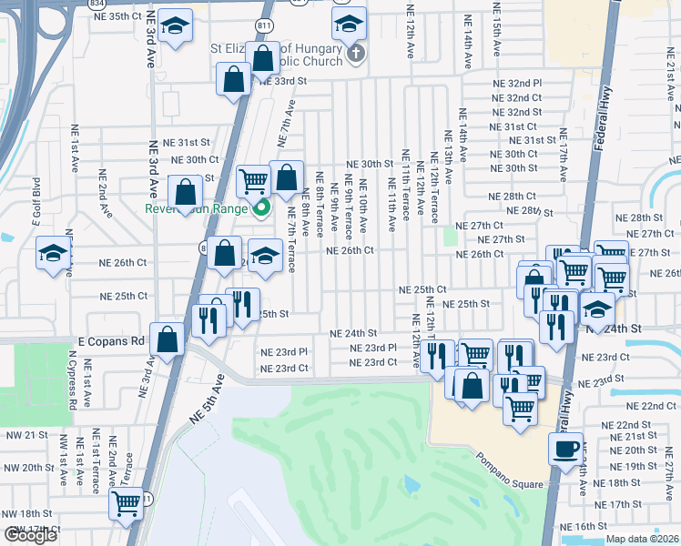 map of restaurants, bars, coffee shops, grocery stores, and more near 2610 Northeast 9th Avenue in Pompano Beach