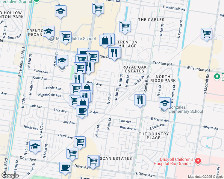 map of restaurants, bars, coffee shops, grocery stores, and more near 6908 North 7th Street in McAllen