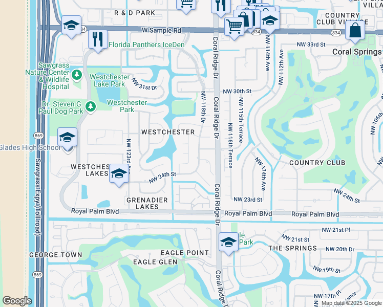 map of restaurants, bars, coffee shops, grocery stores, and more near 2633 Northwest 119th Terrace in Coral Springs
