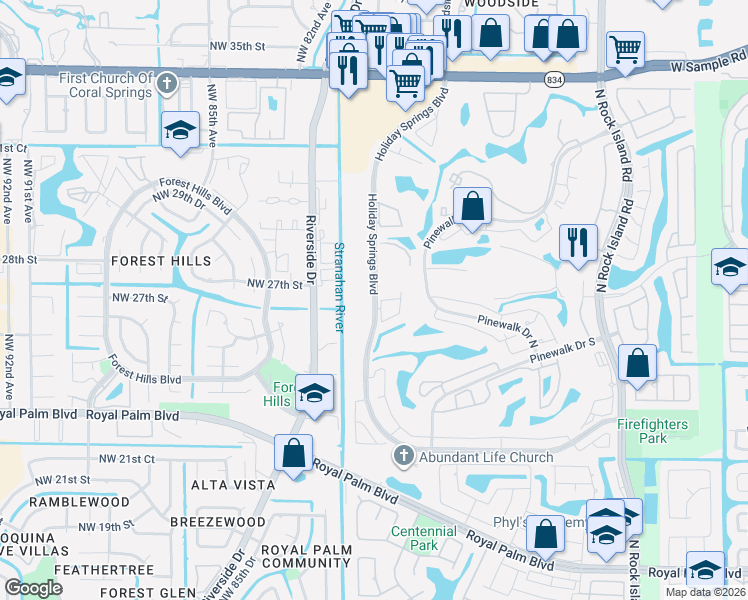 map of restaurants, bars, coffee shops, grocery stores, and more near 3071 Holiday Springs Boulevard in Margate