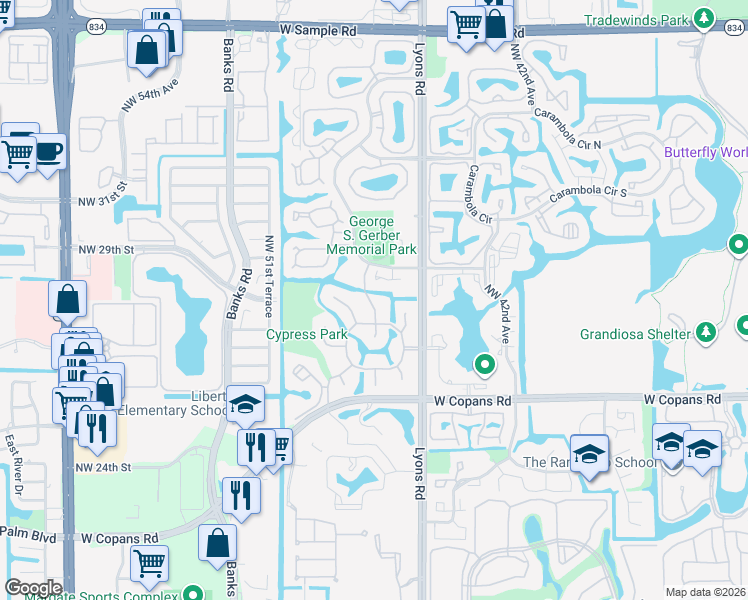 map of restaurants, bars, coffee shops, grocery stores, and more near 2682 Blue Sage Avenue in Coconut Creek
