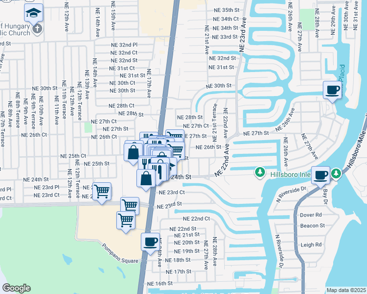 map of restaurants, bars, coffee shops, grocery stores, and more near 2620 Northeast 19th Avenue in Lighthouse Point