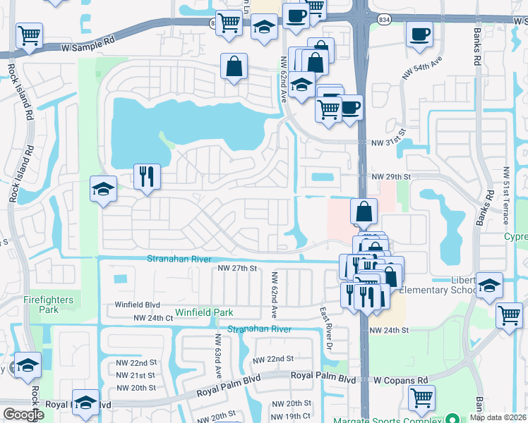 map of restaurants, bars, coffee shops, grocery stores, and more near 2904 Northwest 62nd Terrace in Margate