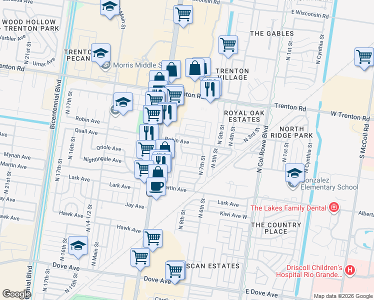 map of restaurants, bars, coffee shops, grocery stores, and more near 716 Quail Avenue in McAllen