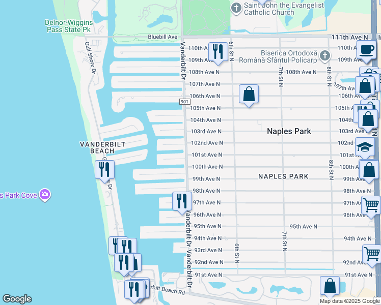 map of restaurants, bars, coffee shops, grocery stores, and more near 505 101st Avenue North in Naples