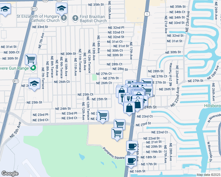 map of restaurants, bars, coffee shops, grocery stores, and more near 2600 Northeast 14th Terrace in Pompano Beach