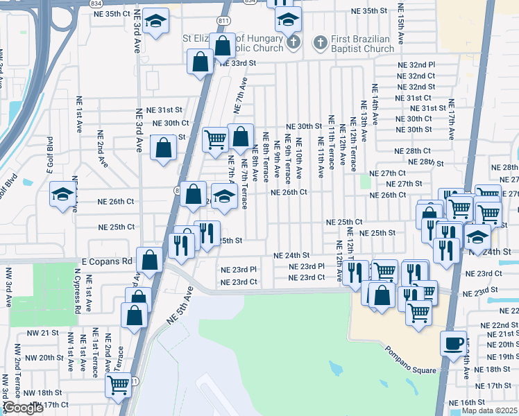 map of restaurants, bars, coffee shops, grocery stores, and more near 2620 Northeast 8th Avenue in Pompano Beach