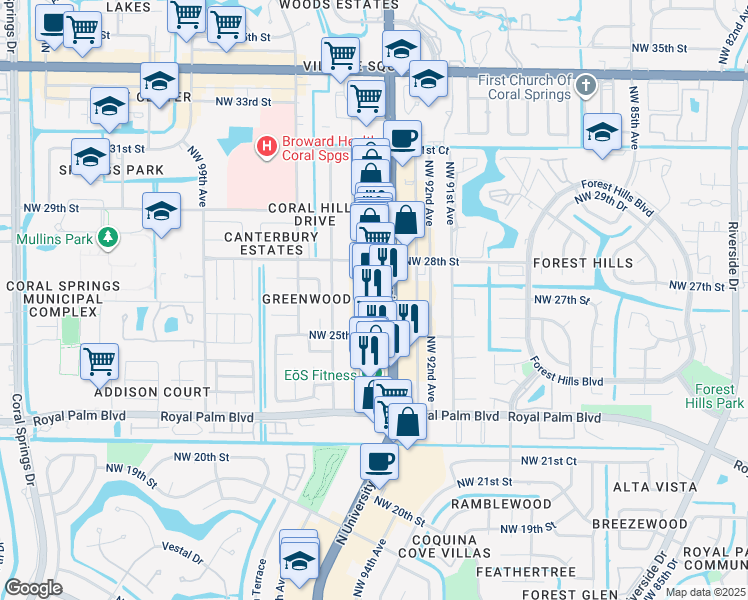 map of restaurants, bars, coffee shops, grocery stores, and more near 2730 Florida 817 in Coral Springs