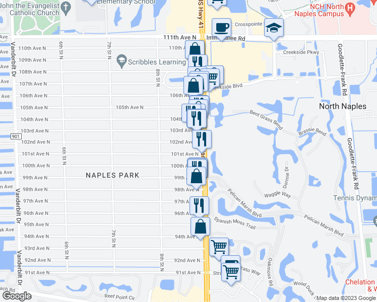 map of restaurants, bars, coffee shops, grocery stores, and more near 861 101st Avenue North in Naples