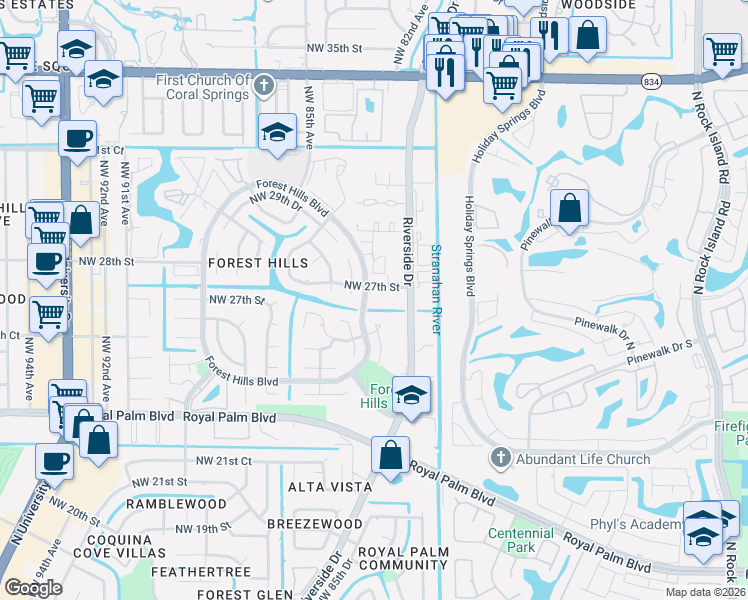 map of restaurants, bars, coffee shops, grocery stores, and more near 8105 Northwest 27th Street in Coral Springs