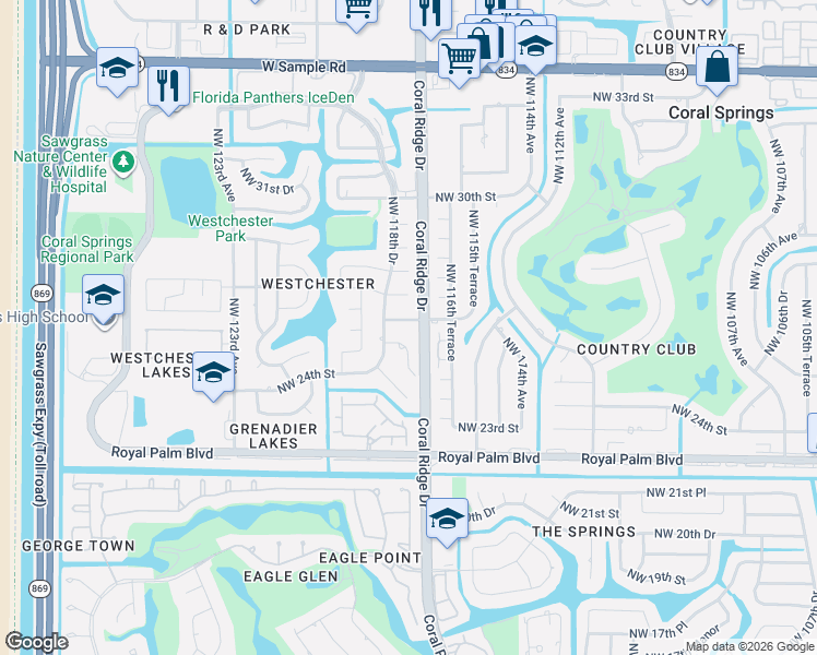 map of restaurants, bars, coffee shops, grocery stores, and more near 11728 Northwest 26th Court in Coral Springs