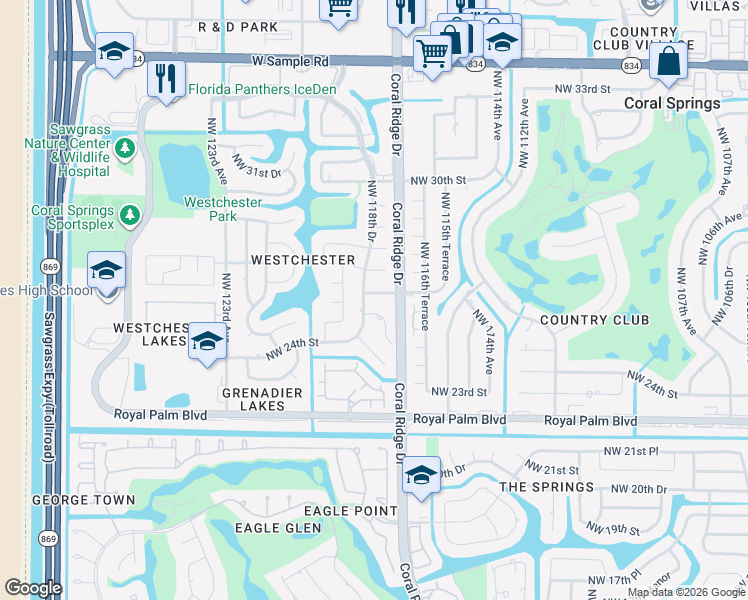 map of restaurants, bars, coffee shops, grocery stores, and more near 11728 Northwest 26th Court in Coral Springs