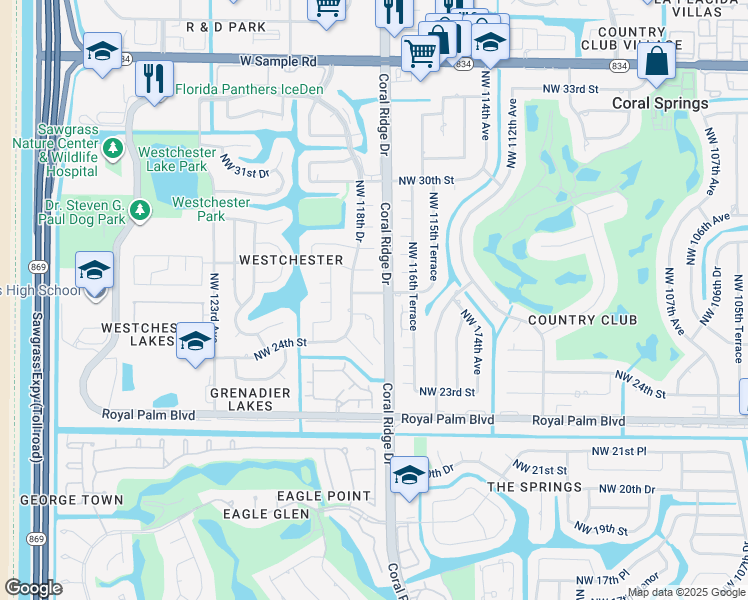 map of restaurants, bars, coffee shops, grocery stores, and more near 11728 Northwest 26th Court in Coral Springs