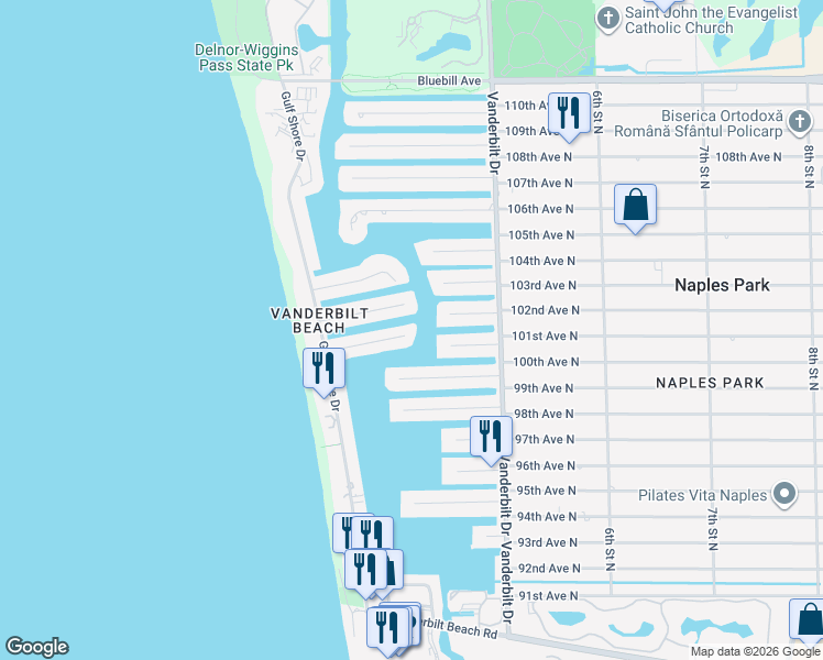 map of restaurants, bars, coffee shops, grocery stores, and more near 285 Bayview Avenue in Naples