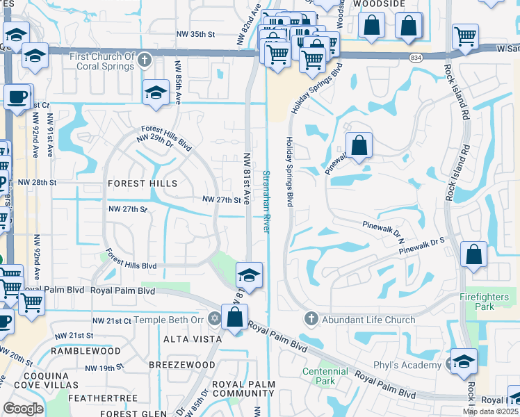 map of restaurants, bars, coffee shops, grocery stores, and more near in Coral Springs