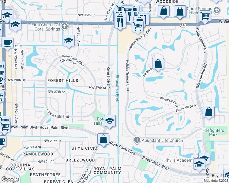 map of restaurants, bars, coffee shops, grocery stores, and more near in Coral Springs