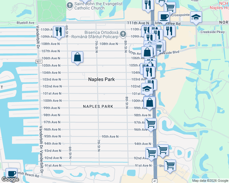map of restaurants, bars, coffee shops, grocery stores, and more near 757 101st Avenue North in Naples