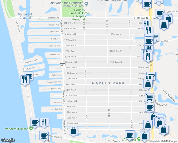 map of restaurants, bars, coffee shops, grocery stores, and more near 617 101st Avenue North in Naples