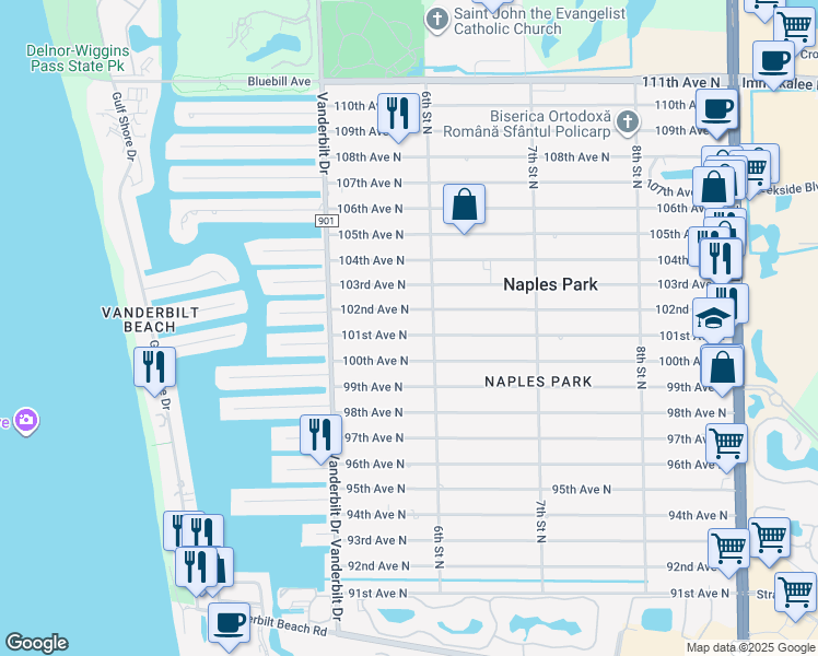 map of restaurants, bars, coffee shops, grocery stores, and more near 571 101st Avenue North in Naples