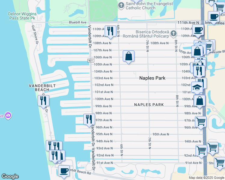map of restaurants, bars, coffee shops, grocery stores, and more near 571 101st Avenue North in Naples