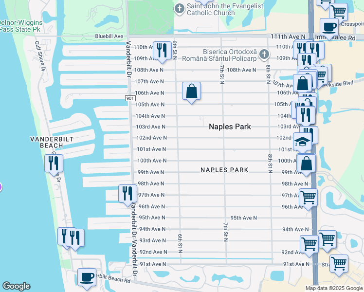 map of restaurants, bars, coffee shops, grocery stores, and more near 605 101st Avenue North in Naples