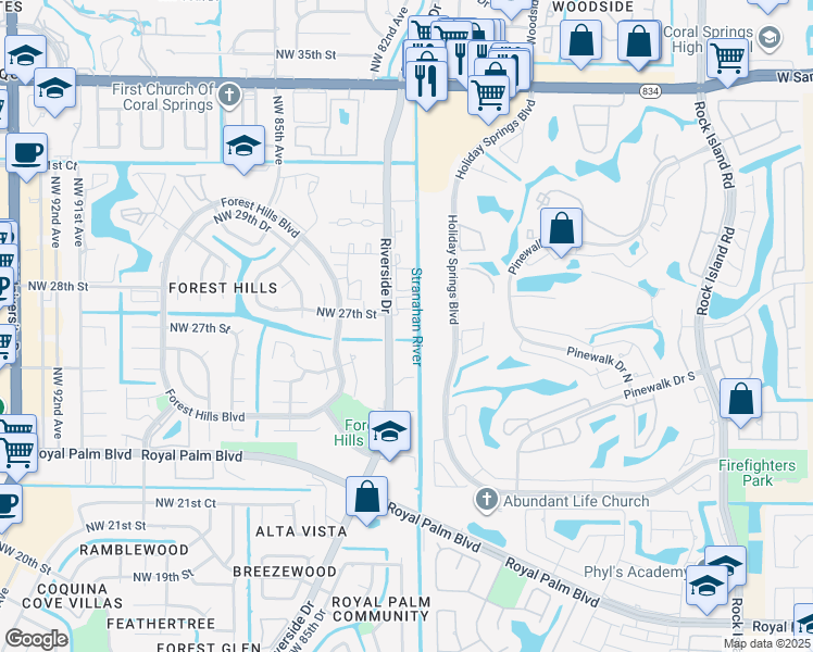 map of restaurants, bars, coffee shops, grocery stores, and more near 2701 Riverside Drive in Coral Springs