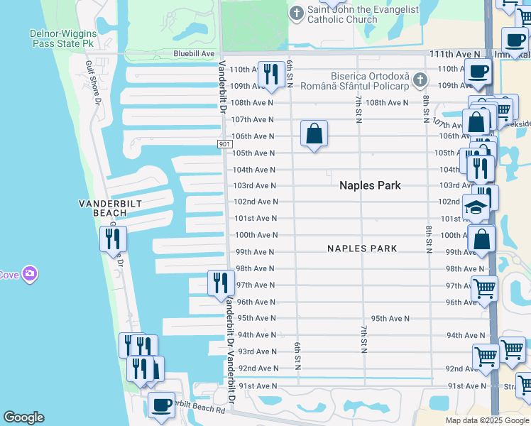 map of restaurants, bars, coffee shops, grocery stores, and more near 555 101st Avenue North in Naples