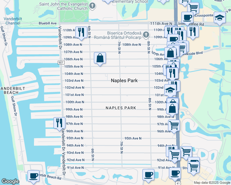 map of restaurants, bars, coffee shops, grocery stores, and more near 685 101st Avenue North in Naples