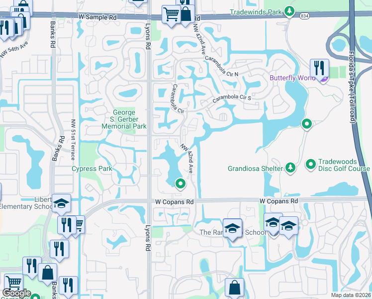 map of restaurants, bars, coffee shops, grocery stores, and more near 2820 Northwest 42nd Avenue in Coconut Creek