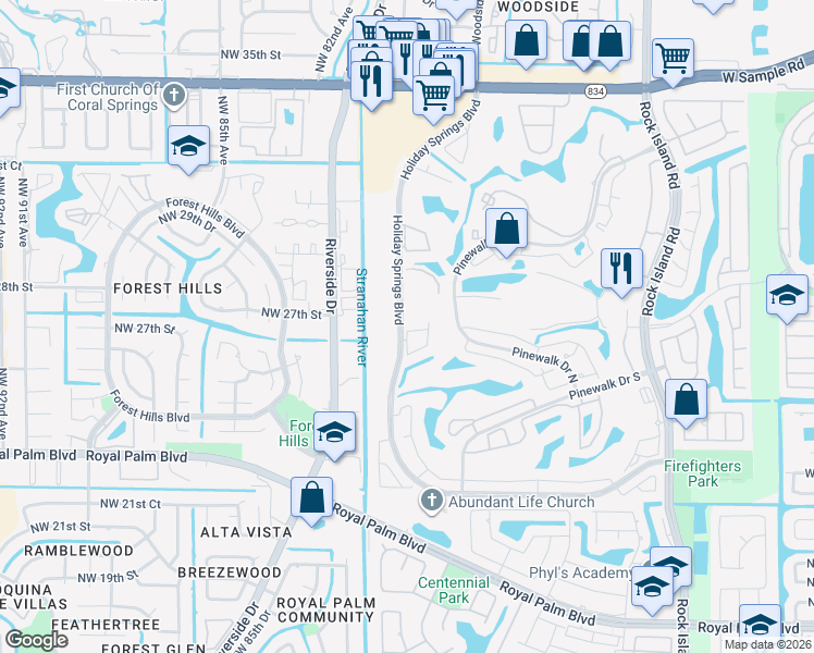 map of restaurants, bars, coffee shops, grocery stores, and more near 3071 Holiday Springs Boulevard in Margate