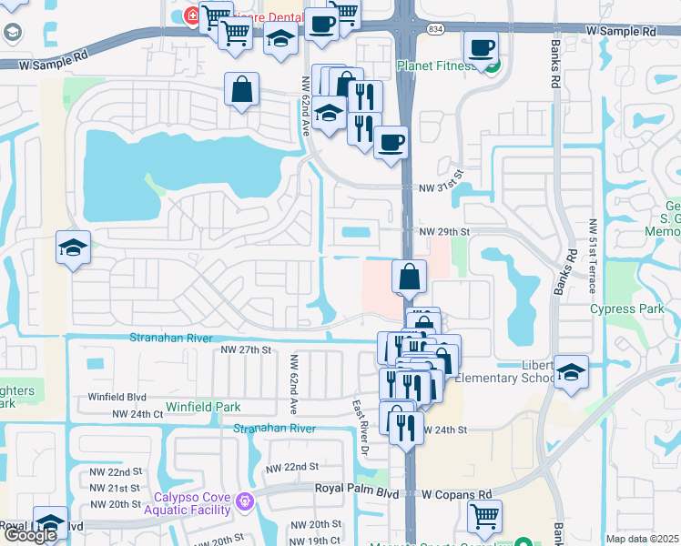 map of restaurants, bars, coffee shops, grocery stores, and more near 5951 Colonial Drive in Margate