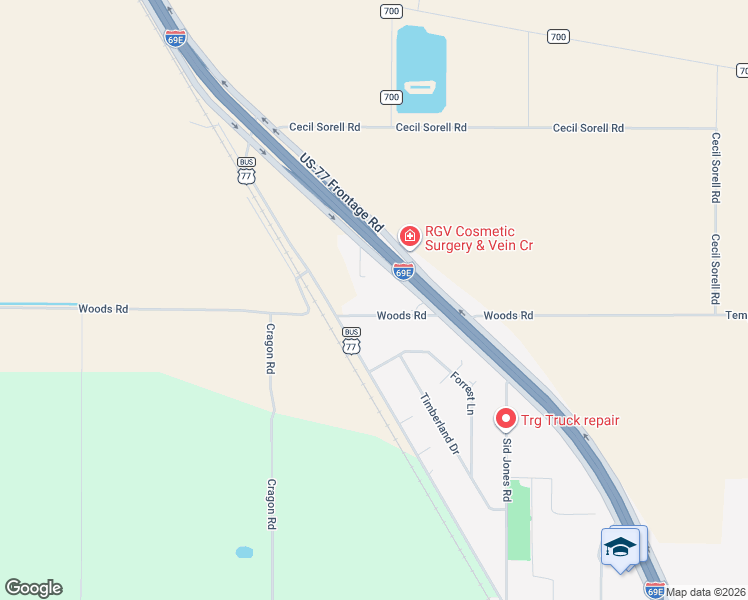 map of restaurants, bars, coffee shops, grocery stores, and more near 17439 Woods Rd in Harlingen
